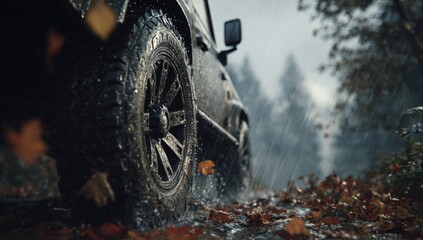 A mud-splattered SUV's tire splashes through a rain-soaked autumnal forest road, leaves scattered, low angle