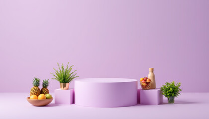 A vibrant display of fruits and greenery on a purple backdrop, showcasing freshness and vitality in food presentation.