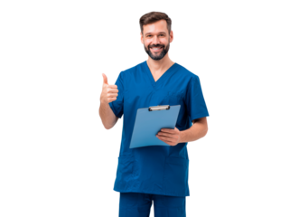 Confident young man nurse with clipboard giving thumbs up on transparent background, PNG