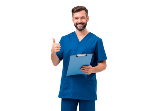 Confident young man nurse with clipboard giving thumbs up on transparent background, PNG - Powered by Adobe