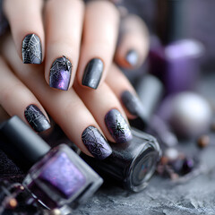 Delicate hands showcase intricate dark nail art, evoking a haunting yet glamorous vibe.