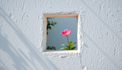 A vibrant flower peeks through a unique square cutout in a textured white wall, showcasing nature's beauty.