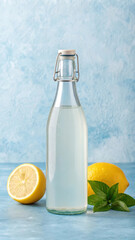 A clear bottle of lemonade with fresh lemons and mint leaves on a blue textured surface