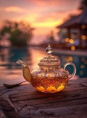 Glass teapot of herbal tea sits on weathered wood by a tranquil pool at sunset, lights twinkling in the background