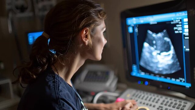 Female doctor examining ultrasound scan medical monitor and computer screen healthcare technology environment focused medical imaging and sonogram
