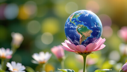 A vibrant globe resting on a blooming flower, symbolizing the harmony between nature and our planet.