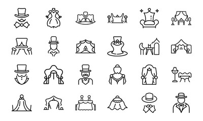Victorian and Vintage Icon Set – Elegant Clothing, Gentlemen in Top Hats, Luxury Furniture, Royal Curtains, and Classic Event Decorations in Minimal Outline Style