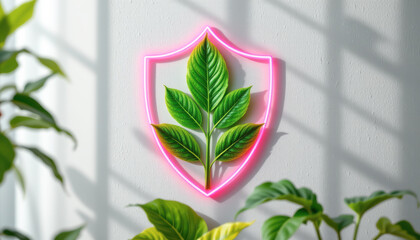 A vibrant green leaf shield light decorates a wall surrounded by lush plants, infusing energy and freshness.