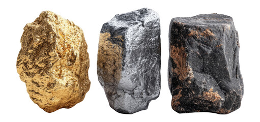 Isolated Rocks of Gold, Silver, and Black Minerals on Transparent Background