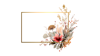 Elegant floral arrangement with gold frame and pastel flowers on transparent background, PNG
