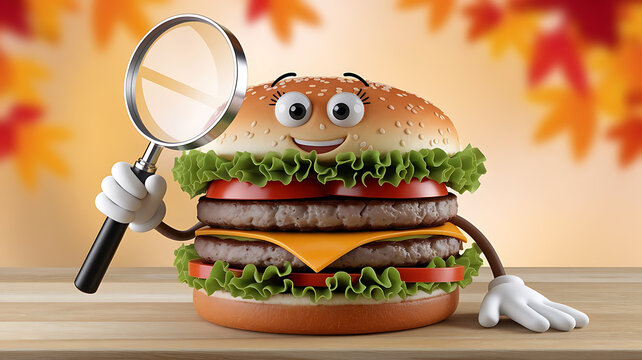 Cartoon burger character holding magnifying glass hamburger