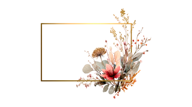 Elegant floral arrangement with gold frame and pastel flowers on transparent background, PNG