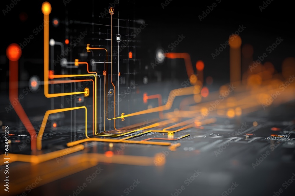 Poster x-default abstract technology background: futuristic circuit board with orange lines and nodes