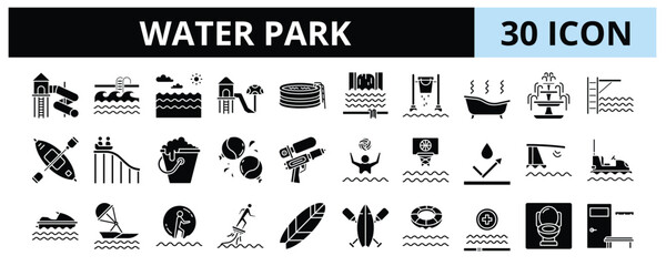 30 Water Park Glyph Icons Vector - Wave Pool, Splash Pad, Water Bucket, Water Trampoline, Water Gun ©  karyative