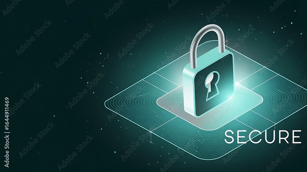 Poster glowing teal padlock icon on digital grid with secure text security safety