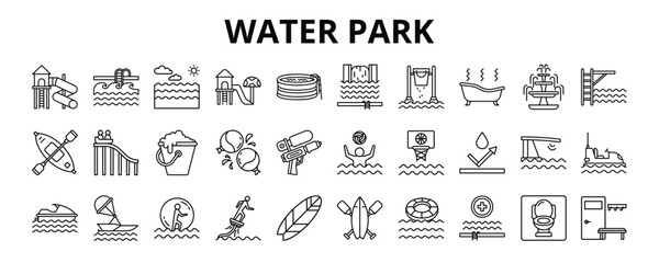 30 Water Park Line Icons Vector - Wave Pool, Splash Pad, Water Bucket, Water Trampoline, Water Gun ©  karyative