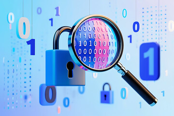 Magnifying glass over blue padlock and binary code