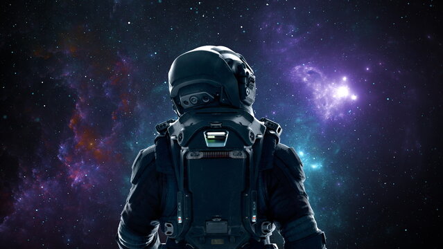 astronaut stands alone, facing the expansive cosmos. background shines with vibrant hues of purple and blue, highlighting the beauty of space during an exploration mission. 3d render