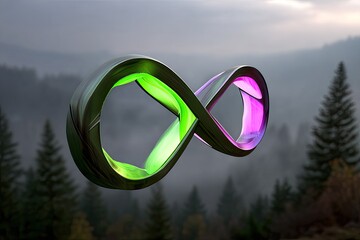 Infinity symbol, iridescent, metallic, floating over misty mountain range