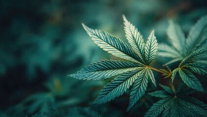 Close-up of a vibrant, teal-toned cannabis plant leaf, sharply focused against a blurred, dark green background of more foliage
