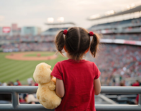 Young girl watches baseball game holding stuffed animal