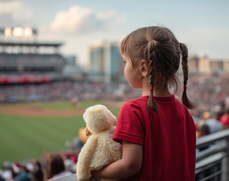 Young girl holds stuffy while watching baseball game