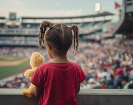 Girl in pigtails and red shirt holds stuffy at stadium