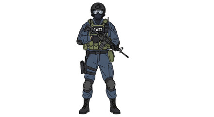 A SWAT team member stands ready and alert, wearing a full tactical uniform with helmet and goggles, holding a rifle in a secure and professional stance.