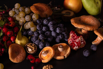 Still life of fruits and berries on black background, autumn har