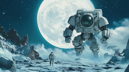 An astronaut and a giant battle robot run on a glacier, with a huge full moon in the background.ï¼Œclean background 