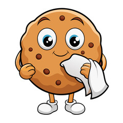 Adorable cartoon chocolate chip cookie character holding a white napkin cute