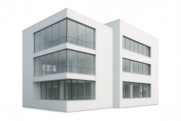 Modern white office building with large windows on transparent background, perfect for architectural visualizations and urban projects