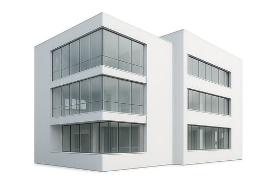 Modern white office building with large windows on transparent background, perfect for architectural visualizations and urban projects