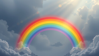 A vibrant rainbow arches beautifully across a cloudy sky, symbolizing hope and serenity after the storm.