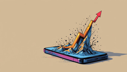 A vibrant smartphone illustration featuring a mountain and an upward growth arrow, symbolizing progress and innovation.