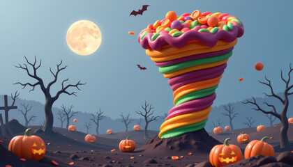 A vibrant swirling dessert tower amidst a spooky Halloween landscape with pumpkins and a full moon.