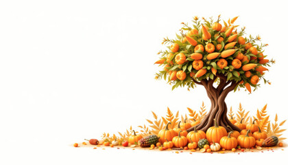 A vibrant tree laden with orange fruits, surrounded by pumpkins and autumn foliage, embodying harvest and abundance.