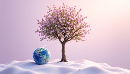 A vibrant tree with pink blossoms stands beside a globe, symbolizing the connection between nature and the Earth.