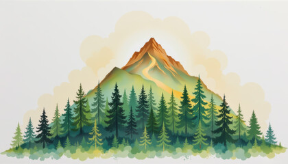 A vibrant watercolor painting of a majestic mountain surrounded by lush green trees under a soft, golden sky.