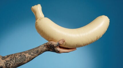 Inked arm holds large, tan-colored inflatable banana against blue background