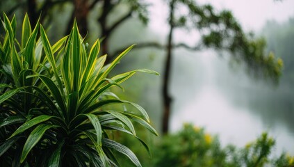 Obraz premium Lush green foliage with yellow stripes, glistening with rain, set against a misty, blurred background of trees and water