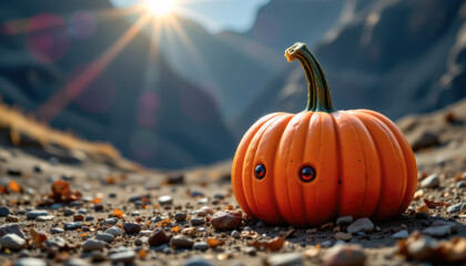 A whimsical, smiling pumpkin resting on pebbles under a warm sun, creating a playful autumn scene in nature.