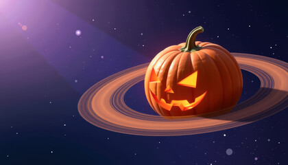 A whimsical Halloween pumpkin floating in space with Saturn's rings, creating a magical cosmic vibe.