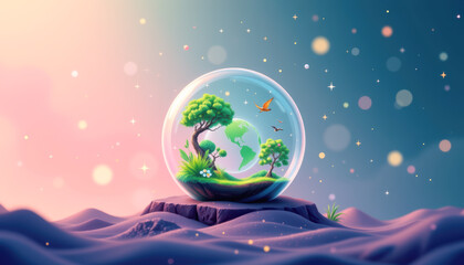 A whimsical glass globe featuring a mini ecosystem with green trees, earth, and soft pastel colors in a dreamy landscape.