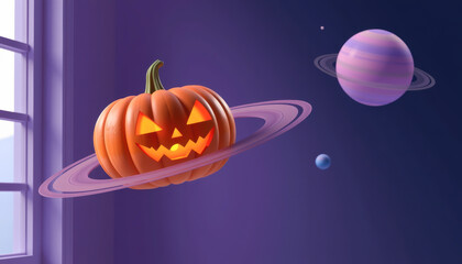 A whimsical Halloween pumpkin floats in space, surrounded by colorful planets against a purple background.