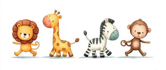 Adorable watercolor illustration of four baby jungle animals on a white background