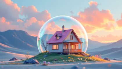 A whimsical house in a protective bubble surrounded by serene mountains at sunset, embodying peace and shelter.