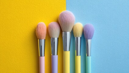 Five pastel-colored makeup brushes arranged on a split yellow and blue background.  The brushes are aligned vertically with varying brush head sizes