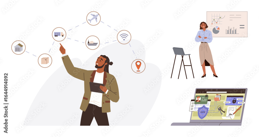Poster man analyzing connected digital elements using a tablet. charts and laptop with secure interface hig