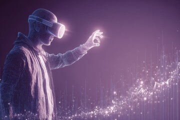 VR experience, digital person interacting with data visualization